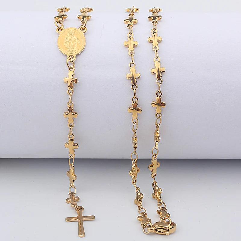 N419 Stainless Steel Cross and Virgin Mary Pendant Necklace