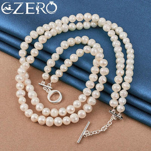 7-8mm Double Row Pearl Chain Necklace 925 Sterling Silver Clasp Wedding Party