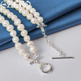 7-8mm Double Row Pearl Chain Necklace 925 Sterling Silver Clasp Wedding Party