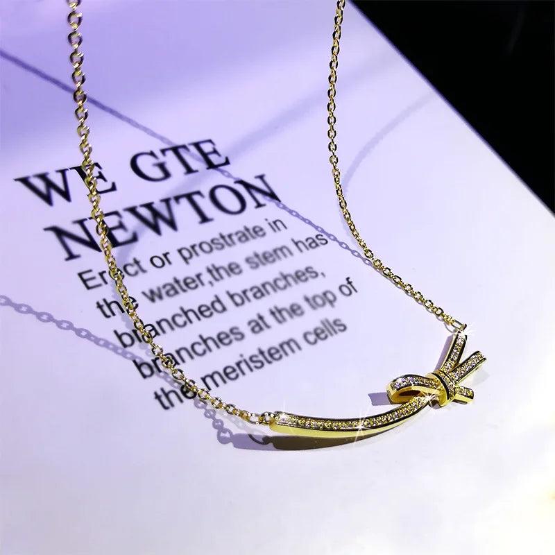 Silver Plate Bow Necklace with Zircon Clavicle Sweater Chain