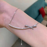 Silver Plate Bow Necklace with Zircon Clavicle Sweater Chain