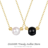 925 Silver Chain Choker Necklace Vintage Pearl Pendant Thin Link Jewel