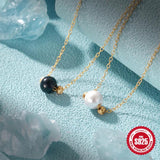 925 Silver Chain Choker Necklace Vintage Pearl Pendant Thin Link Jewel