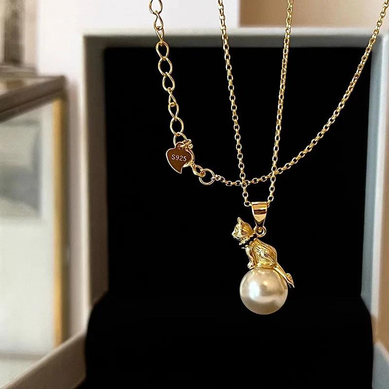 925 Silver Cat Pearl Necklace Retro Court Jewelry Birthday