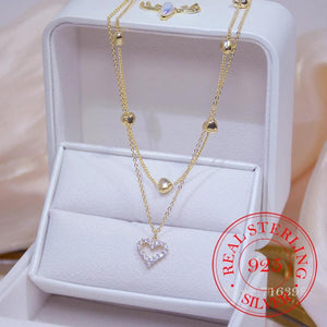 14k Double Layer Heart Necklace Zircon Women Clavicle Chain Pendant