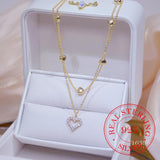 14k Double Layer Heart Necklace Zircon Women Clavicle Chain Pendant