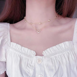 14k Double Layer Heart Necklace Zircon Women Clavicle Chain Pendant