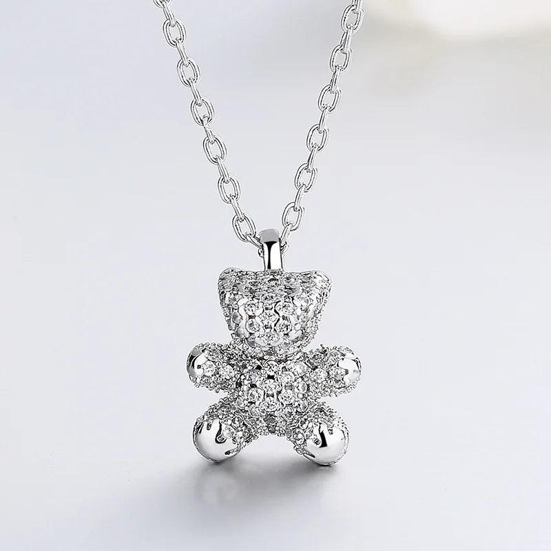 Zircon Bear Pendant Necklace S925 Silver Choker for Women
