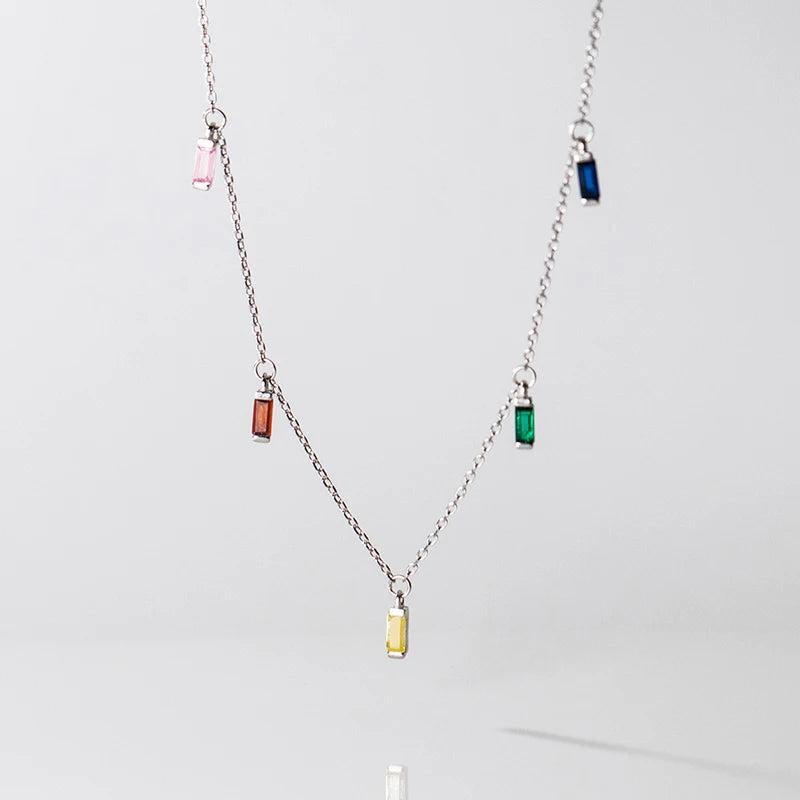925 Silver Gypsophila Rainbow Zirconia Necklace Women Long Chain Platinum Plated
