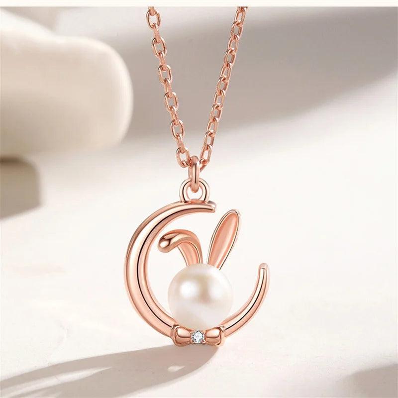 Sterling Silver Rabbit Moon Pendant Necklace for Ladies