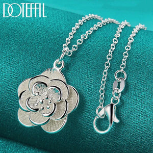 925 Silver Snake Chain Rose Flower Pendant Necklace