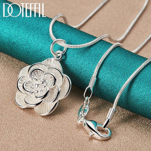925 Silver Snake Chain Rose Flower Pendant Necklace