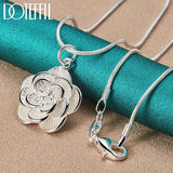 925 Silver Snake Chain Rose Flower Pendant Necklace