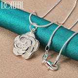 925 Silver Snake Chain Rose Flower Pendant Necklace