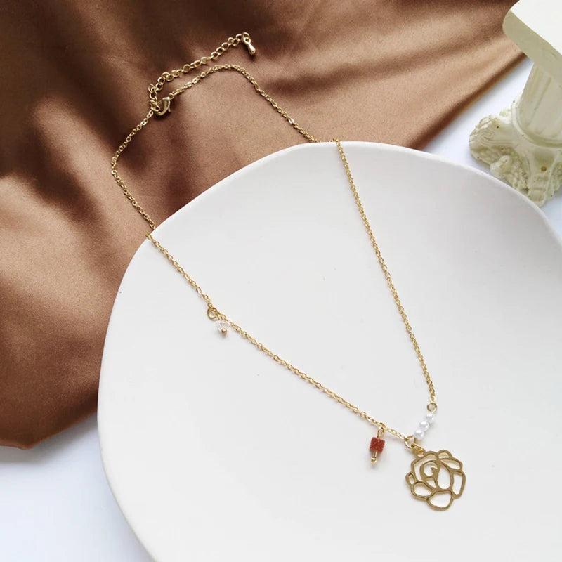 14k Real Rose Flower Pearl Chain Pendant Necklace for Women