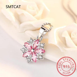 Pink Crystal Sakura Pendant 925 Sterling Silver Necklaces For Women