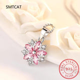 Pink Crystal Sakura Pendant 925 Sterling Silver Necklaces For Women