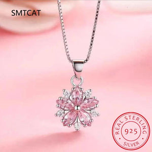 Pink Crystal Sakura Pendant 925 Sterling Silver Necklaces For Women