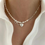 925 Sterling Silver Asymmetry Chain Necklace with Pearls Heart Pendant