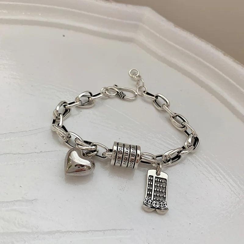 Silver Punk Bracelets Women Vintage Creative Abacus Love Heart-Shape Thick Chain