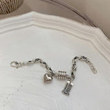 Silver Punk Bracelets Women Vintage Creative Abacus Love Heart-Shape Thick Chain