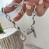 Silver Punk Bracelets Women Vintage Creative Abacus Love Heart-Shape Thick Chain