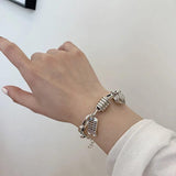 Silver Punk Bracelets Women Vintage Creative Abacus Love Heart-Shape Thick Chain