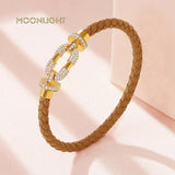Women's Metal Braided Leather Bracelet with CZ