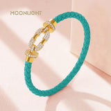 Women's Metal Braided Leather Bracelet with CZ