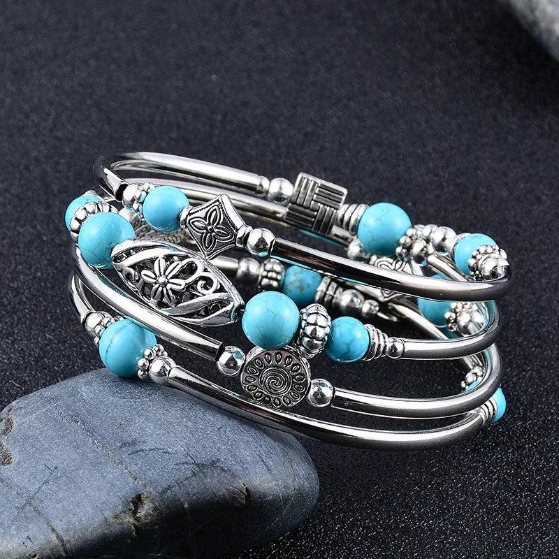 Turquoise/Tigereye Winding Bracelet Multi-Circle Layered Stone Beaded Bracelet