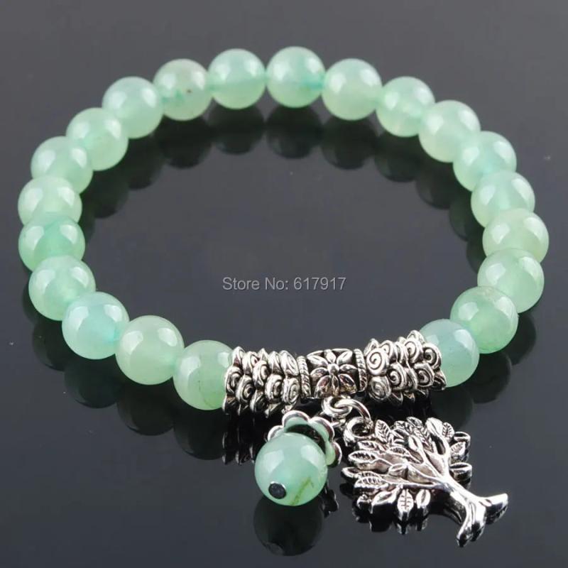 Green Natural Aventurine Stone 8mm Beaded Strand Bracelet Tree Of Life Charm