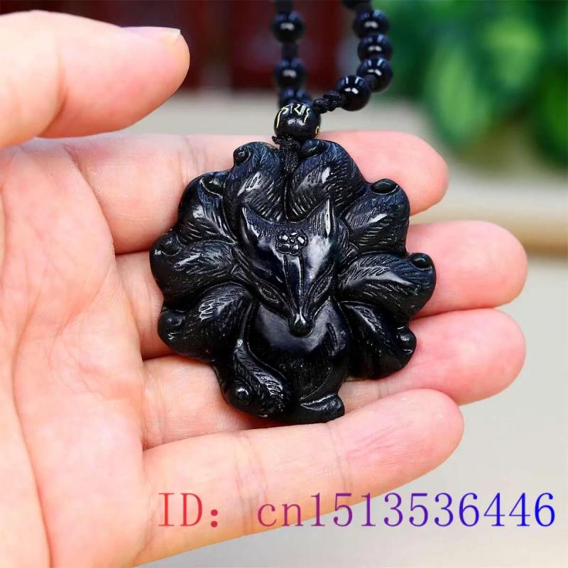Jade Nine Tailed Fox Pendant Necklace Gemstone Chinese for Women Men Vintage
