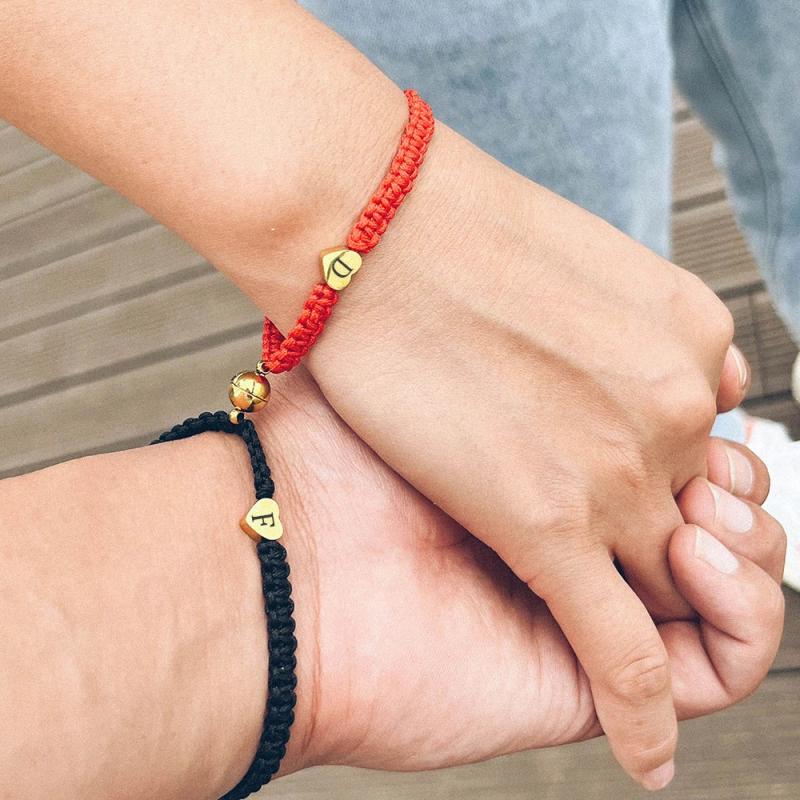 Heart Charm Couple Bracelet Custom Letter Magnetic Red Rope