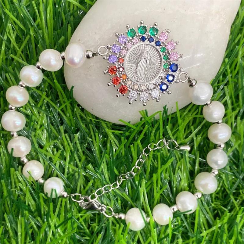 Boho Virgin Mary Pearl Beaded Bracelet Natural Freshwater Gift