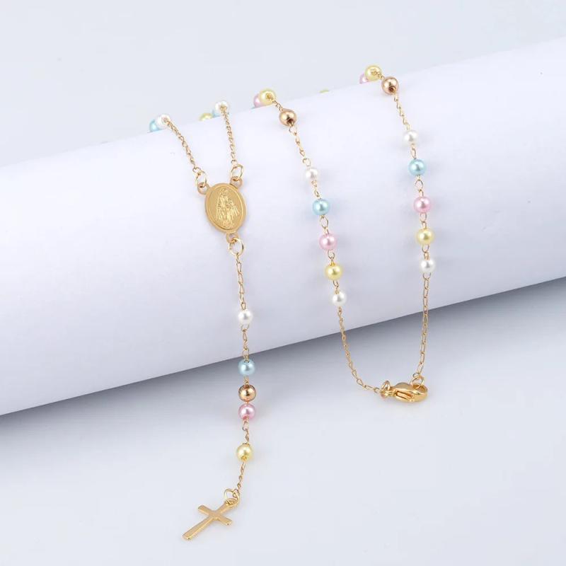 Simulated Pearl Beaded Cross Virgin Mary Rosary V Necklace 20 Inch