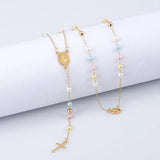 Simulated Pearl Beaded Cross Virgin Mary Rosary V Necklace 20 Inch