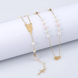 Simulated Pearl Beaded Cross Virgin Mary Rosary V Necklace 20 Inch