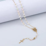 Simulated Pearl Beaded Cross Virgin Mary Rosary V Necklace 20 Inch