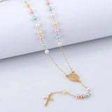 Simulated Pearl Beaded Cross Virgin Mary Rosary V Necklace 20 Inch