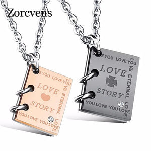Love Story Book Pendant Couple Necklace Stainless Steel