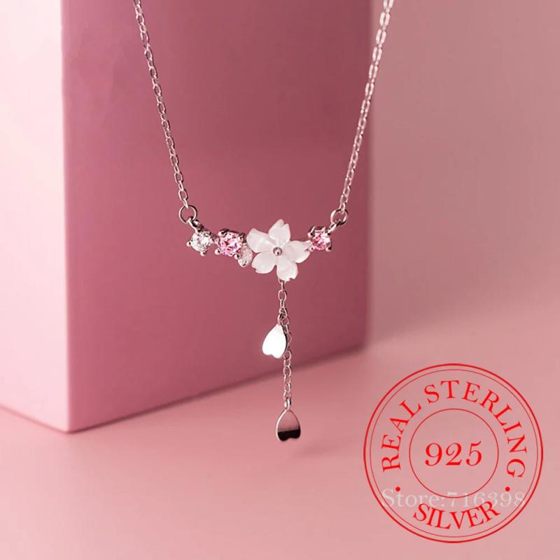 925 Silver Cherry Flower Shell Tassel Necklace Sweet Heart Pendant Chain
