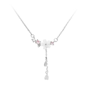 925 Silver Cherry Flower Shell Tassel Necklace Sweet Heart Pendant Chain