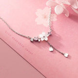 925 Silver Cherry Flower Shell Tassel Necklace Sweet Heart Pendant Chain