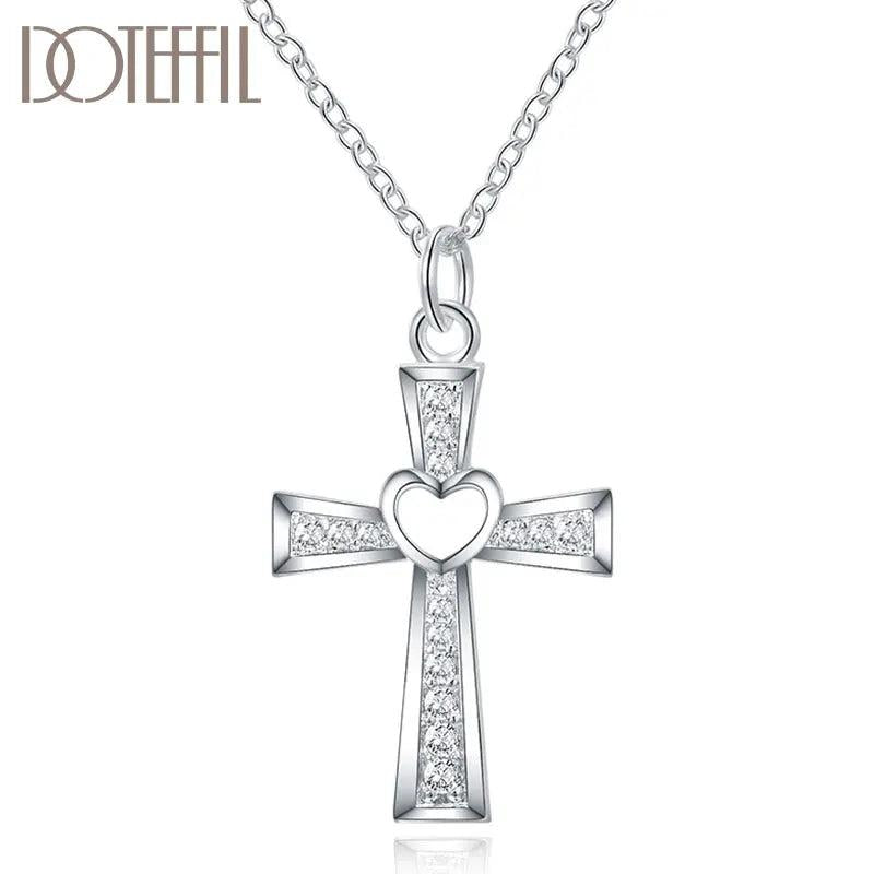 925 Silver Cross Zircon Heart Necklace Wedding Party Jewelry