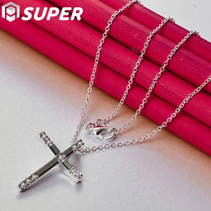 925 Silver Cross Pendant Necklace with Zircon 16-30 Inch Chain