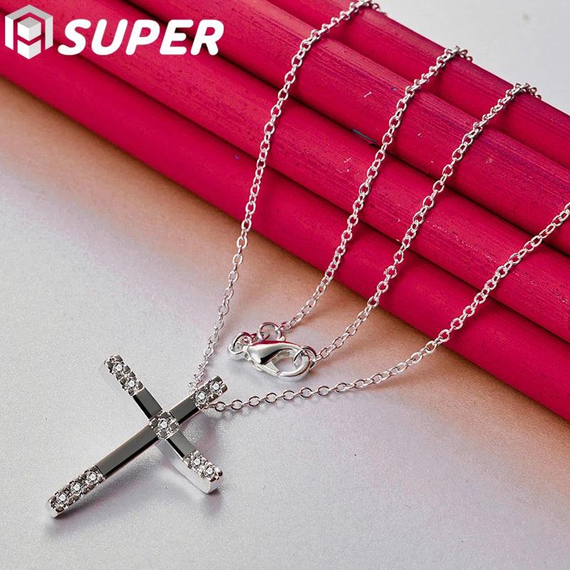 925 Silver Cross Pendant Necklace with Zircon 16-30 Inch Chain