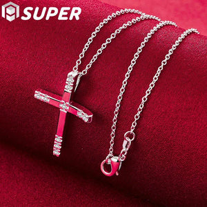 925 Silver Cross Pendant Necklace with Zircon 16-30 Inch Chain