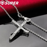 925 Silver Cross Pendant Necklace with Zircon 16-30 Inch Chain