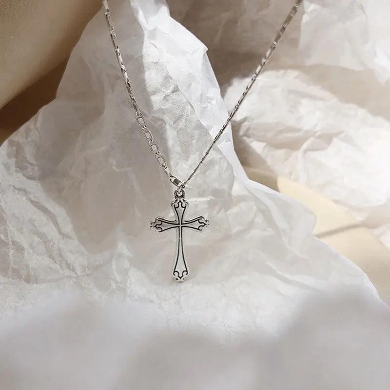 Sterling Silver Necklace for Women Cross Retro Letter Light Clavicle Chain