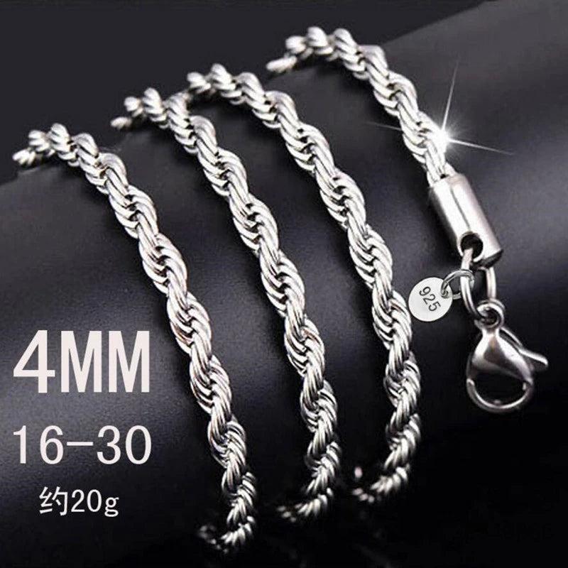 100% 925 Sterling Silver 4MM Rope Chain Unisex Necklace